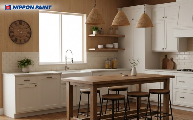 Căn bếp nâu gỗ ấm áp, ánh vàng dịu nhẹ, mộc mạc mà sang trọng, gợi cảm giác sum vầy