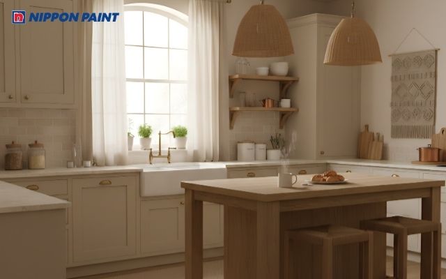 Không gian bếp tông be - nâu gỗ, đón sáng tự nhiên, mang lại cảm giác ấm áp và tinh tế