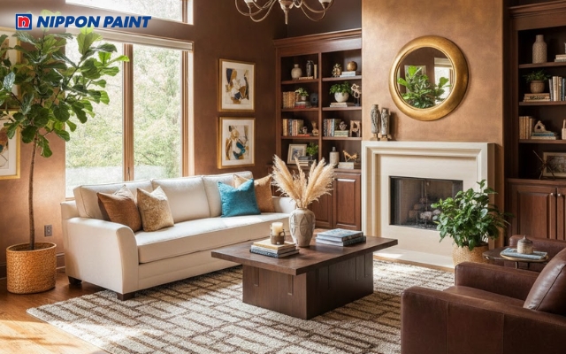 Phòng khách mang phong cách mạnh mẽ với sự kết hợp giữa màu vàng đồng và nâu socola