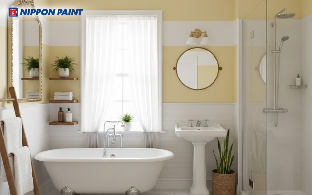 Phòng tắm gam vàng nhạt - trắng kem, đón sáng tự nhiên, tạo cảm giác ấm áp và thư giãn