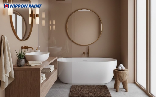 Phòng tắm nâu be đơn giản và tinh tế