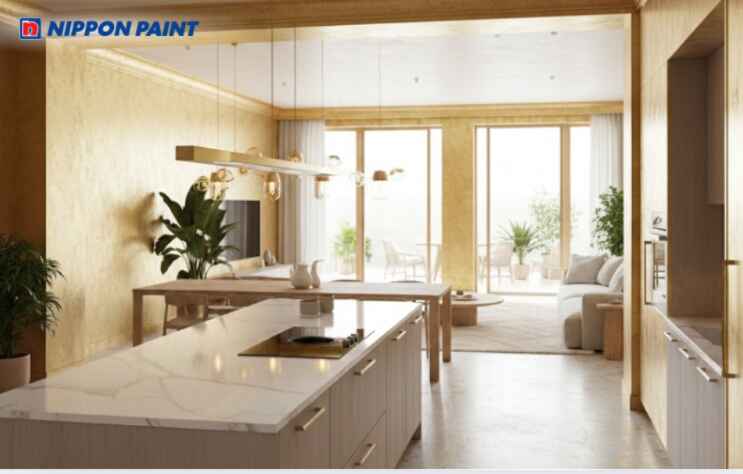 Phòng bếp trông trở nên rộng rãi thoáng mát nhờ màu be vàng