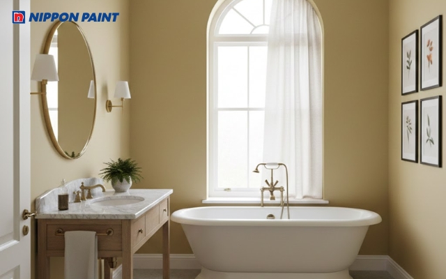 Phòng tắm màu vàng đất nhẹ nhàng phù hợp cho mệnh Hỏa