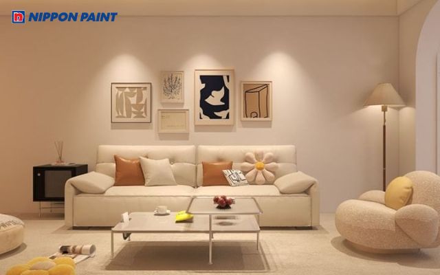 Phòng khách với gam màu be nhẹ nhàng