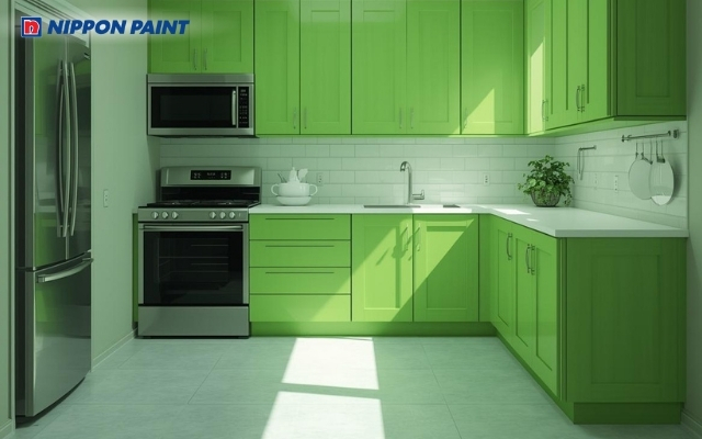 Khu vực bếp trông gọn gàng, sạch sẽ và dễ phối với tủ bếp sơn xanh