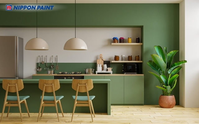 Màu xanh tạo nên không gian bếp ấm cúng, phù hợp với sinh hoạt gia đình