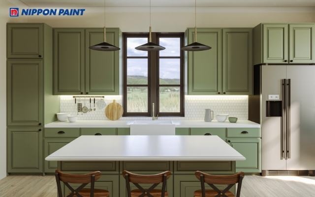 Đồ nội thất sơn màu xanh cho không gian bếp thêm sinh động và hài hòa