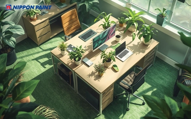 Sơn màu xanh mang lại sự cân bằng thị giác, cho môi trường làm việc