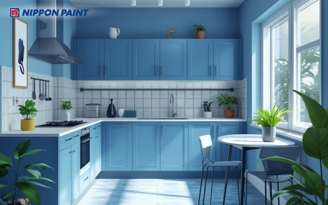 Xanh đậm tạo cảm giác tươi mới, giúp khu vực nấu nướng luôn sáng sủa và dễ chịu