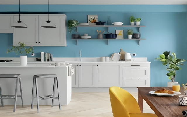 Gam màu xanh mang lại vẻ trầm ấm, giúp không gian bếp trở nên gần gũi và hài hòa