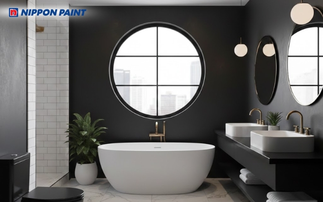 Đen phối sáng tạo nên không gian tinh gọn, giúp phòng tắm trông hiện đại