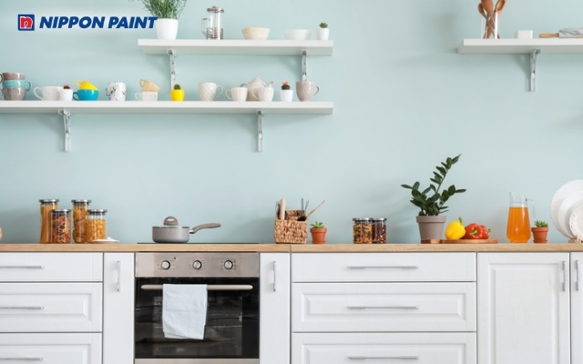 Xanh pastel giúp gian bếp trông nhẹ nhàng, phù hợp để sinh hoạt gia đình