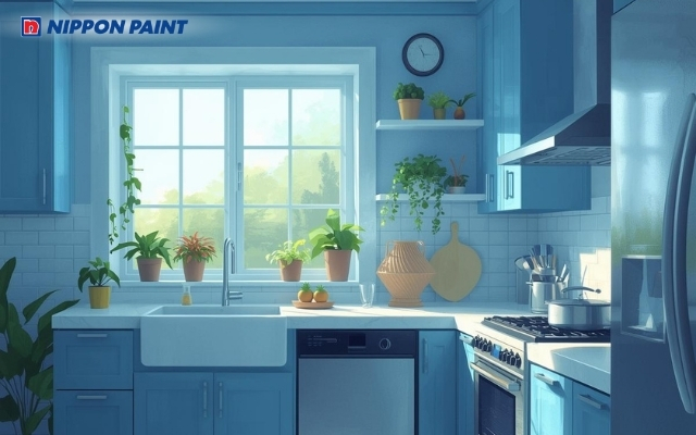 Xanh ngọc tạo điểm nhấn tinh tế, giúp khu vực bếp thêm sinh động và cuốn hút