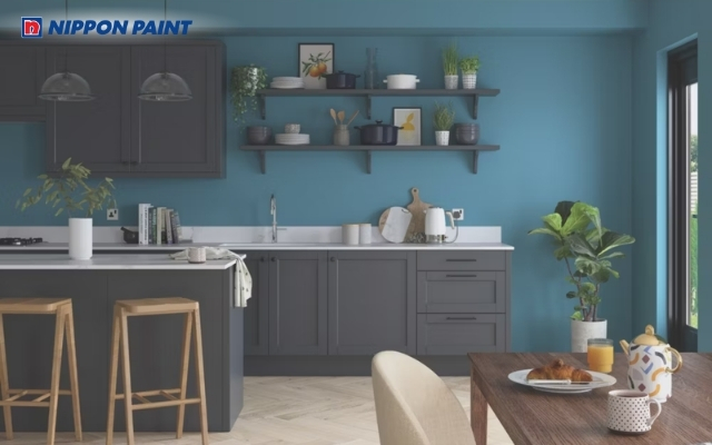 Màu xanh cùng kệ tủ tạo chiều sâu thị giác, mang đến cảm giác vững vàng