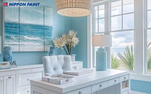 Phòng làm việc xanh dương nhạt thư thái