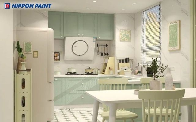 Phòng bếp màu xanh nhẹ dịu mát
