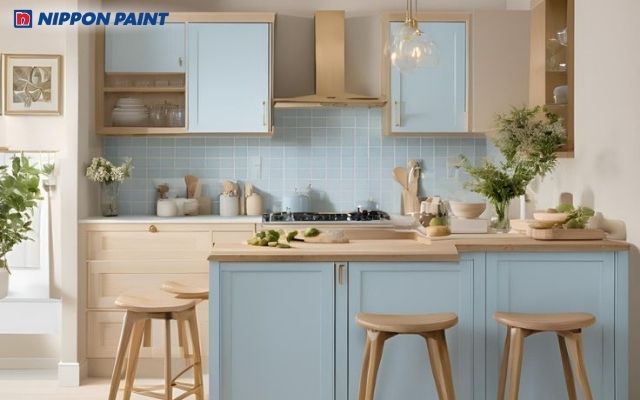 Phòng bếp xanh da trời nhẹ nhàng phù hợp gia chủ Nhâm Tuất 1982