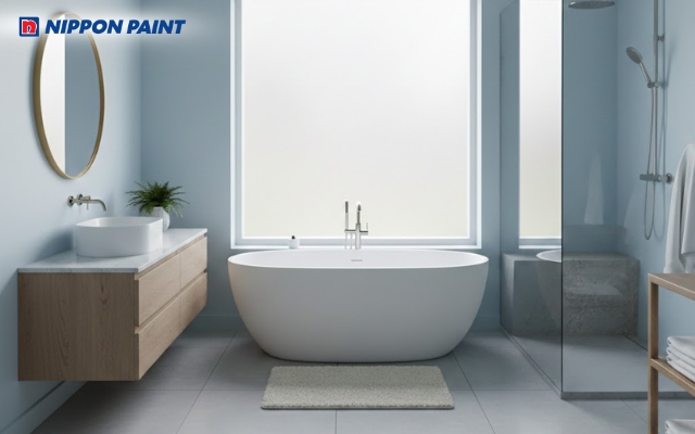 Phòng tắm xanh dương nhẹ thư giãn