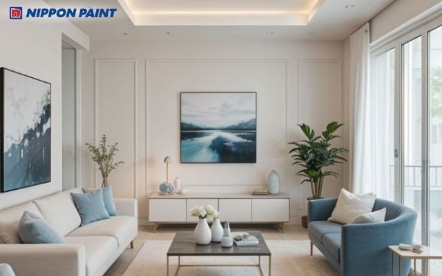 Phòng khách xanh dương kết hợp trắng dịu mát