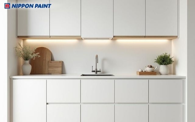 Phòng bếp trắng sữa ấm áp