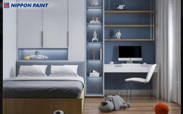 Phòng ngủ trắng kết hợp xanh dương thư thái