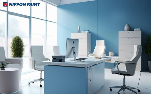 Phòng làm việc trắng phối xanh tinh gọn