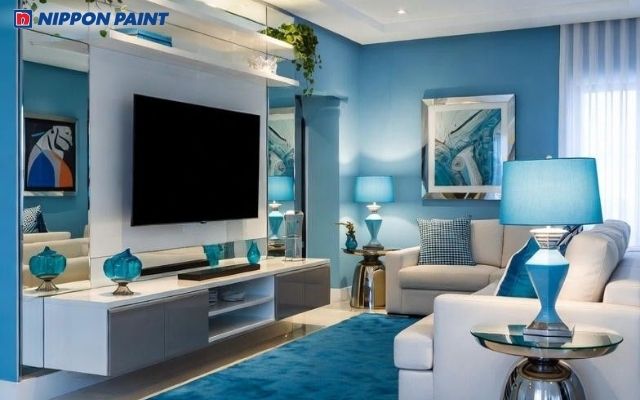 Phòng khách xanh dương kết hợp trắng dịu mát