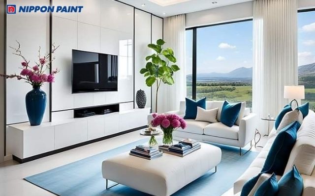 Phòng khách trắng xanh nhẹ nhàng hiện đại