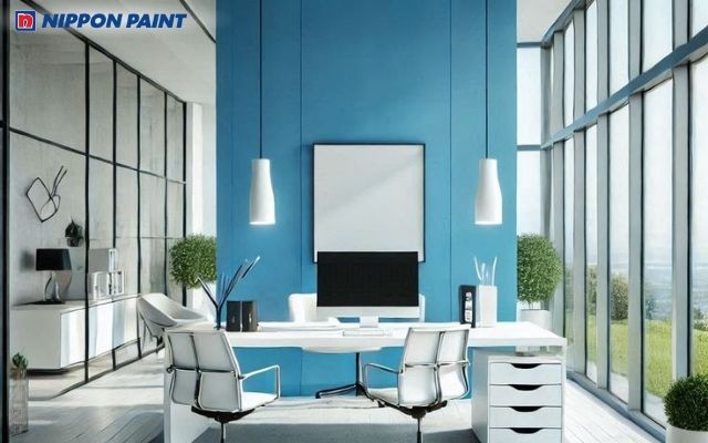 Phòng làm việc xanh dương kết hợp trắng truyền cảm hứng