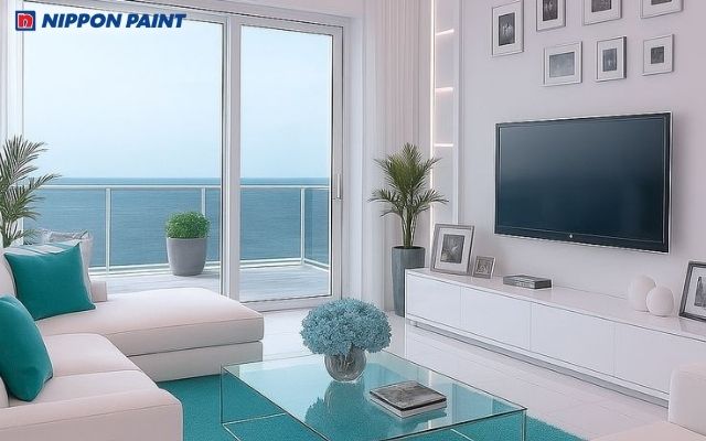 Phòng khách trắng và xanh ngọc thanh thoát