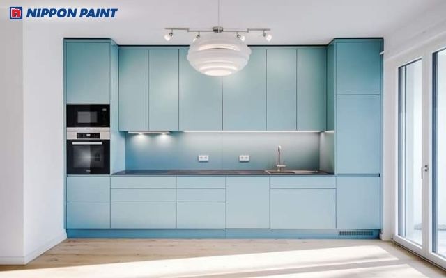 Phòng bếp xanh pastel kết hợp trắng nhẹ nhàng