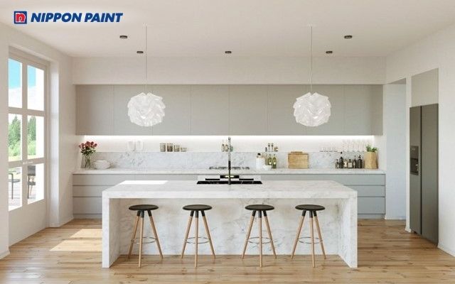 Bếp trắng pha xám hiện đại, sạch sẽ, tạo cảm giác gọn gàng