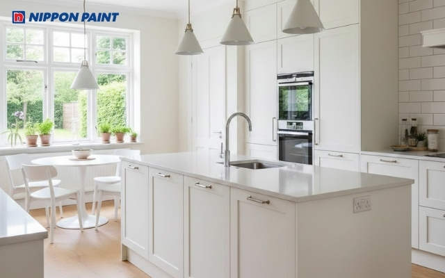 Phòng bếp màu trắng, mang lại không gian nấu nướng dễ chịu