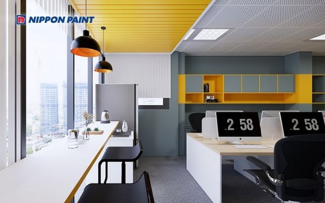 Phòng làm việc vàng ghi tinh tế, cân bằng ánh sáng và cảm hứng