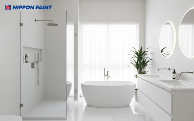 Phòng tắm màu trắng sáng sủa, giúp không gian rộng rãi