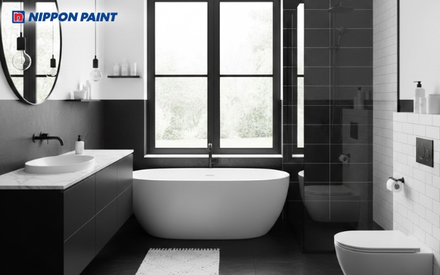 Phòng tắm với tông màu trắng - đen tương phản, hiện đại