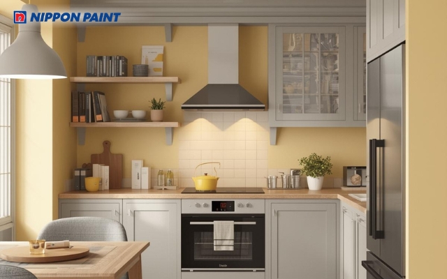 Vàng nhạt pha xám sáng, giúp bếp hiện đại nhưng vẫn hài hòa phong thủy