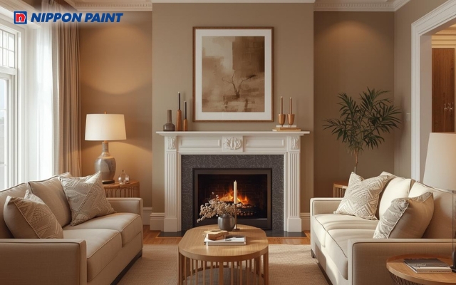 Xám nhạt phối nâu đất nhạt, tạo chiều sâu không gian và cảm giác vững chãi