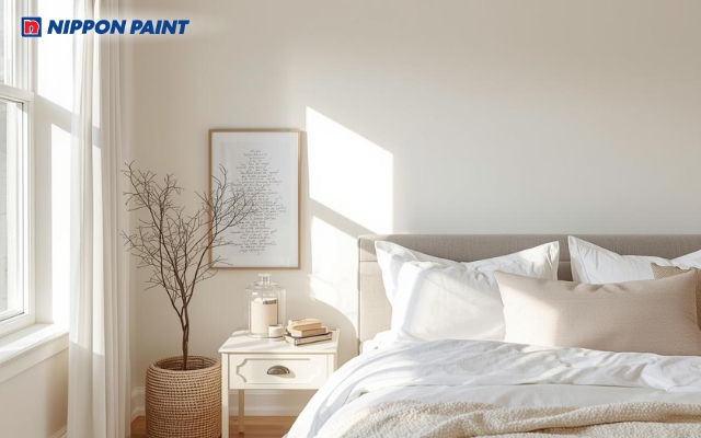 Trắng kem kết hợp xám sáng, tạo cảm giác sạch sẽ và yên bình