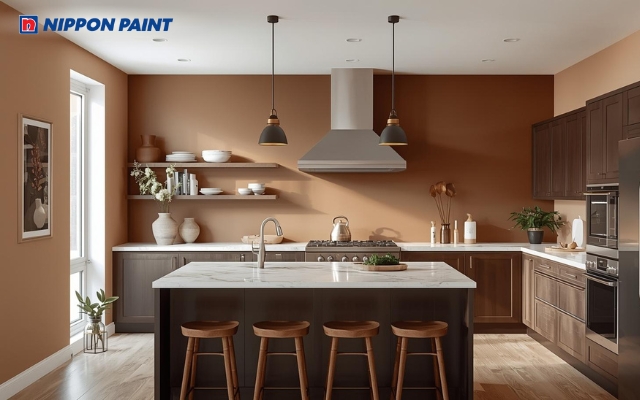Nâu đất nhạt phối vàng sữa, mang lại cảm giác gần gũi và bền vững cho gian bếp