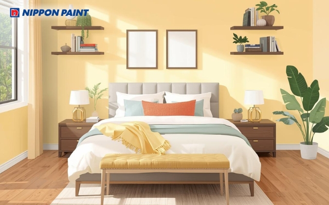 Vàng kem phối trắng sữa, giúp phòng ngủ ấm áp và dễ chịu