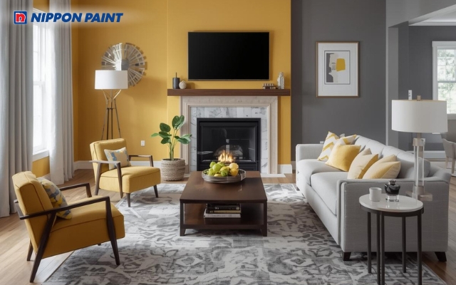 Vàng đất pha ghi sáng, giúp không gian hài hòa và dễ chịu