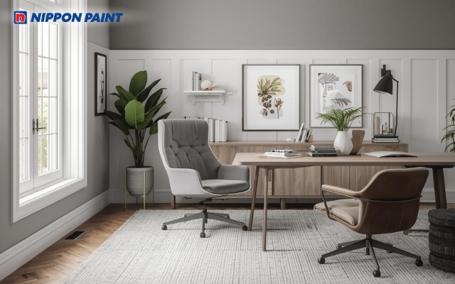 Xanh xám phối trắng kem, tạo không gian làm việc sáng sủa nhưng vẫn nghiêm túc