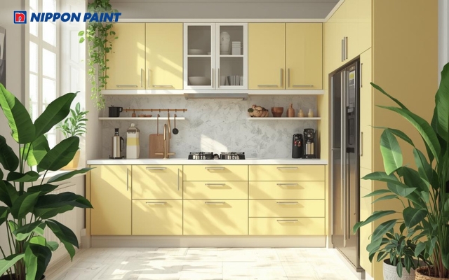 Vàng nhạt chủ đạo kết hợp trắng kem, tạo không gian bếp ấm áp và sạch sẽ