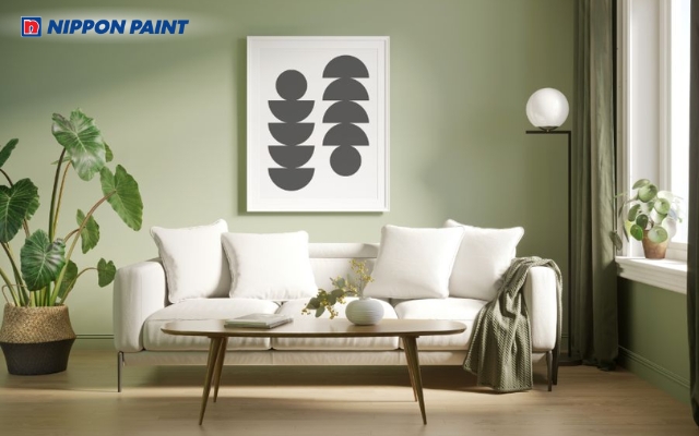 Xanh olive phối màu gỗ sồi tạo cảm giác ấm áp, kích thích tư duy sáng tạo