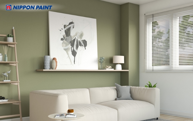 Xanh olive xám kết hợp gỗ tự nhiên mang đến cảm giác chuyên nghiệp và bền vững