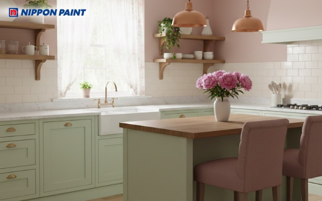 Xanh lá pastel phối hồng phấn giúp không gian bếp mềm mại, hài hòa và dễ chịu