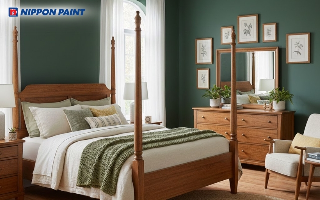 Sự kết hợp giữa xanh và màu gỗ sáng tạo nên vẻ đẹp gần gũi với thiên nhiên