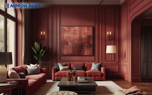 Tông đỏ rượu làm điểm nhấn mảng tường giúp không gian&nbsp; trở nên ấm cúng