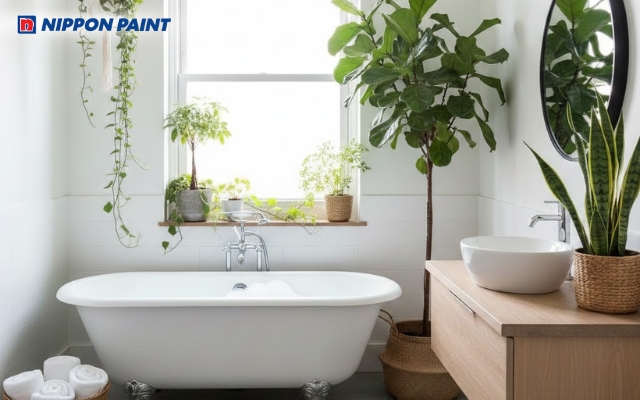 Sự kết hợp giữa nền trắng tinh khôi và cây xanh tạo nên không gian như tại spa